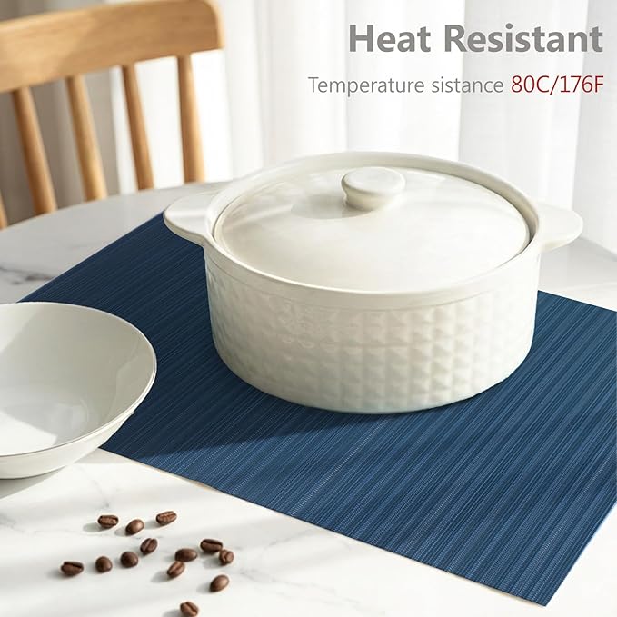 AHHFSMEI Placemats Set of 6 Woven Vinyl Non-Slip Heat Resistant Stain Resistant Easy Clean Place mats for Dining Table(Blue)