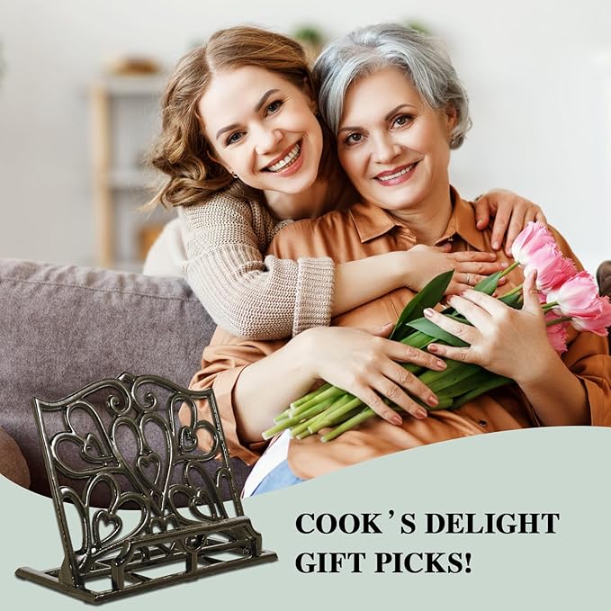 JOGREFUL Cookbook Stand, Cast Iron Heavy-Duty Recipe Book Holder, Kitchen Vintage Recipe Book Holder, Reading Rest Holder for Easel/Counter/Books/Magazine/iPad/Bible, Love Heart Pattern, Coffee Gold