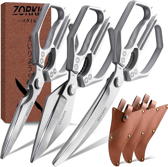 Kitchen Scissors with Case Silver 3PCS, Heavy Duty Poultry Shears Kitchen Shear for Food Chicken Scissor All Purpose,Japan Meat Cutting Scissors, Bones Food Cooking Shears, Gifts for Men Women Mom Dad