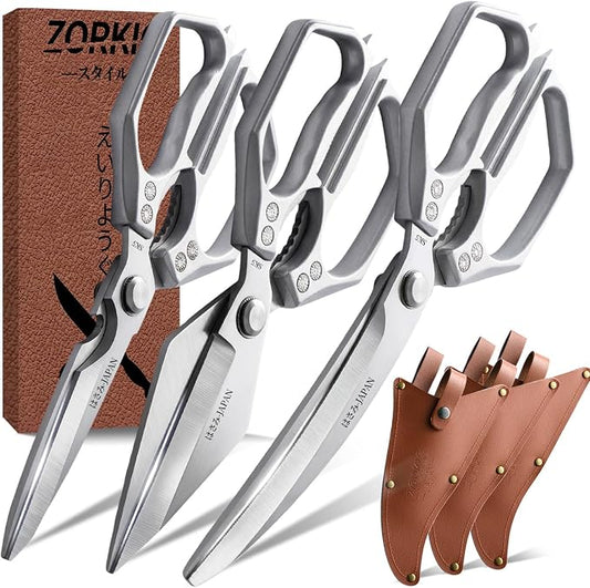 Kitchen Scissors with Case Silver 3PCS, Heavy Duty Poultry Shears Kitchen Shear for Food Chicken Scissor All Purpose,Japan Meat Cutting Scissors, Bones Food Cooking Shears, Gifts for Men Women Mom Dad