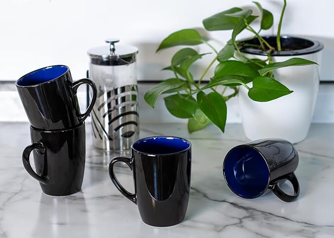 Elanze Designs Color Pop Blue Black Exterior 16 ounce Glossy Ceramic Mugs Matching Set of 4