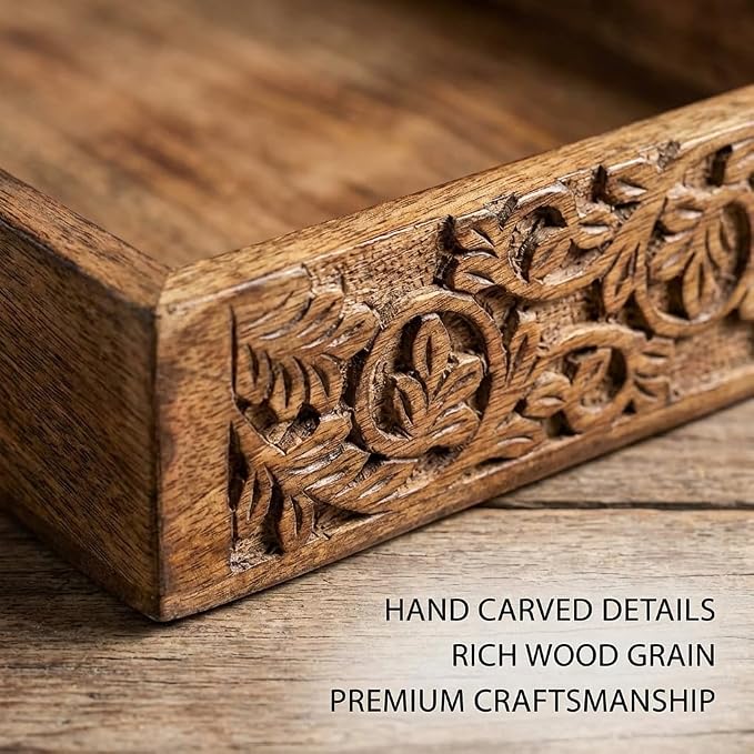 STORE INDYA Hand Crafted Vintage Wooden Rectangular Serving Tray with Handle for Breakfast, Tea, Coffee Table | Unique Gifts, Home Decor | 15 x 10 Inches