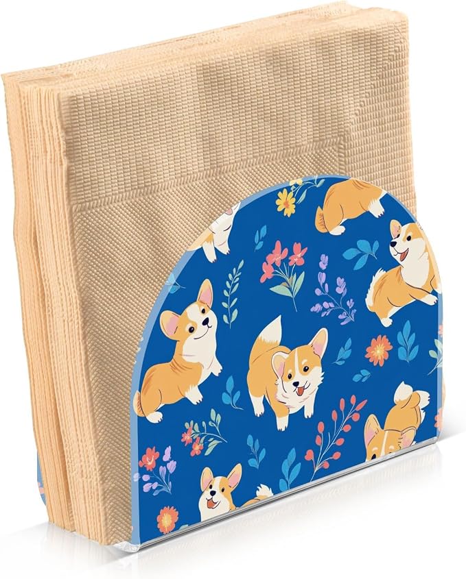 Cute Corgis Dog with Floral on Cobalt Blue Background Napkin Holder for Table Acrylic Cocktail Napkin Holders Small Decorative Napkin Dispenser for Home Party Holiday Dining Kitchen Accessor, 2 Pack
