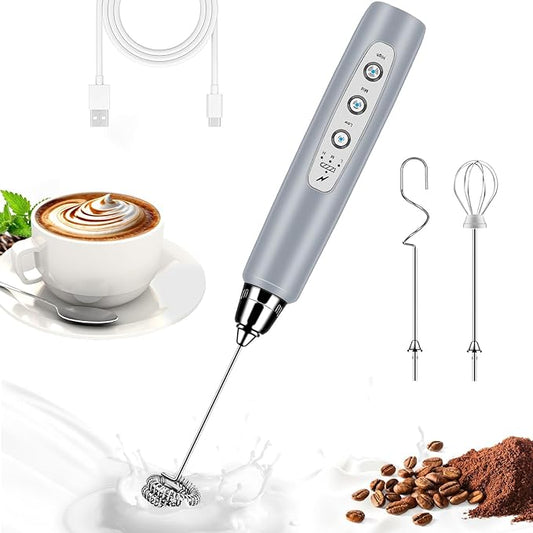 BSRGMS Milk Frother Handheld for Coffee, Electric Whisk 3 Speed Adjustable, Drink Mixer with Stainless 3 Whisks, Rechargeable Hand Frother Wand, Foam Maker for Latte Cappuccino Hot Chocolate Egg