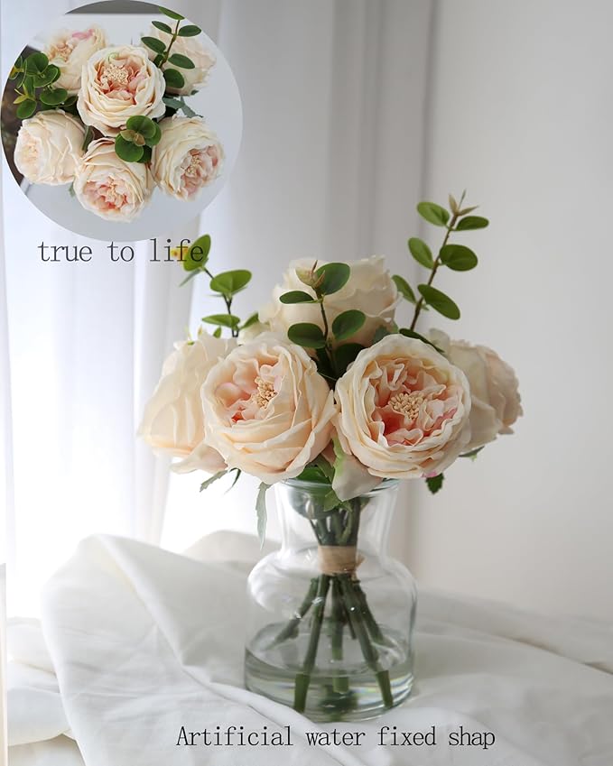 CHASMILE Lifelike Artificial Champagne Roses in Vase - Eternal Table Centerpiece for Dining Room & Kitchen Decor - Faux Flower Arrangement with Realistic Petals