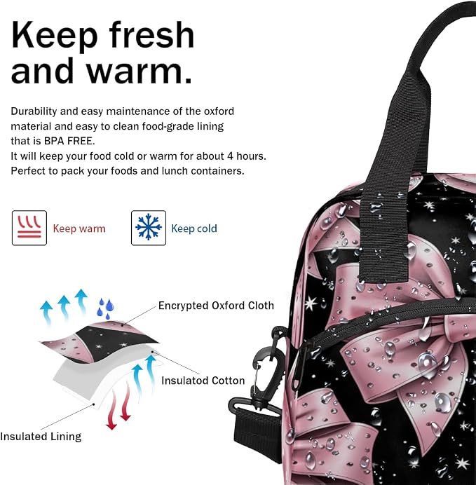 Pink Bow Pattern Insulated Lunch Bag for Women Men Reusable Lunch Box Cooler Bag Large Leakproof Lunch Tote with Adjustable Shoulder Strap for Adult Work Picnic Camping Beach Office