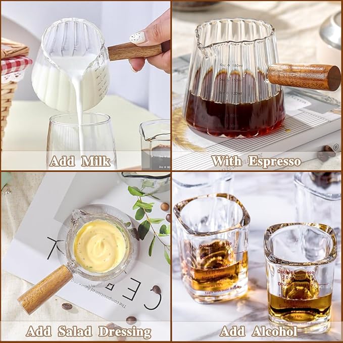3 Pcs Espresso Shot Glass with 15ml Coffee Measuring Spoon, Single Spout Glass Measuring Cup with Wood Handle, Espresso Shot Cups with Dual Scale for Coffee Milk (6.0oz, 2oz)