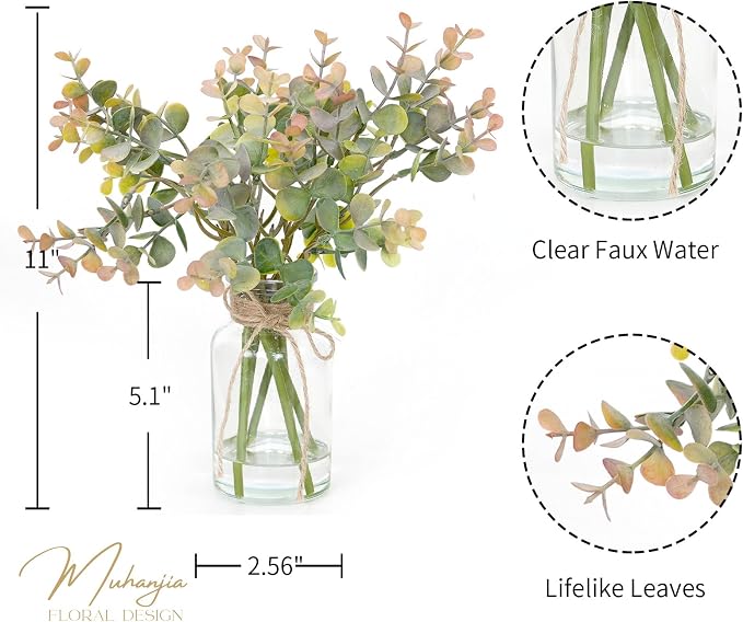 Muhanjia Artificial Eucalyptus Stems in Glass Vase with Faux Water,6Pcs Grey-Orange Fake Plant for Centerpiece (Grey-Orange Eucalyptus)