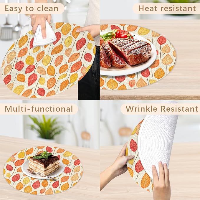 Round Placemats Set of 6, Autumn Maple Leaves Woven Placemats Mats Non-Slip Heat Resistant Washable Table Mats Round Braided Place for Farmhouse Kitchen Dining Party Decor 15in-15