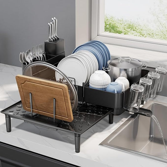 Expandable Dish Rack with Drainboard - Stainless Steel Dish Drainer with Removable Cutlery Tray, Foldable Cup Holder, Elevated Feet, Multifunctional Drainboard for Sink Countertop Kitchen Storage