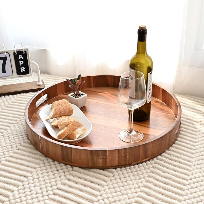 20 Inch Extra Large Round Serving Tray HeavyDuty Acacia Wood Tray for Oversized Ottoman Coffee Table and Counter Giant Decorative Organizational Tray Extensive Kitchen Serveware
