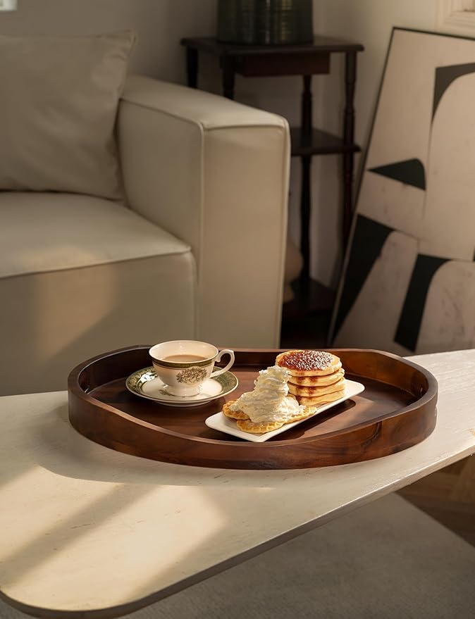 TIDITA Acacia Wood Ottoman Tray with Handles - 20" x 15" Round - Large Oval Serving Trays for Living Room -Wooden Trays Decorative for Kitchen Counter, Coffee Table, Breakfast in Bed (Walnut Color)