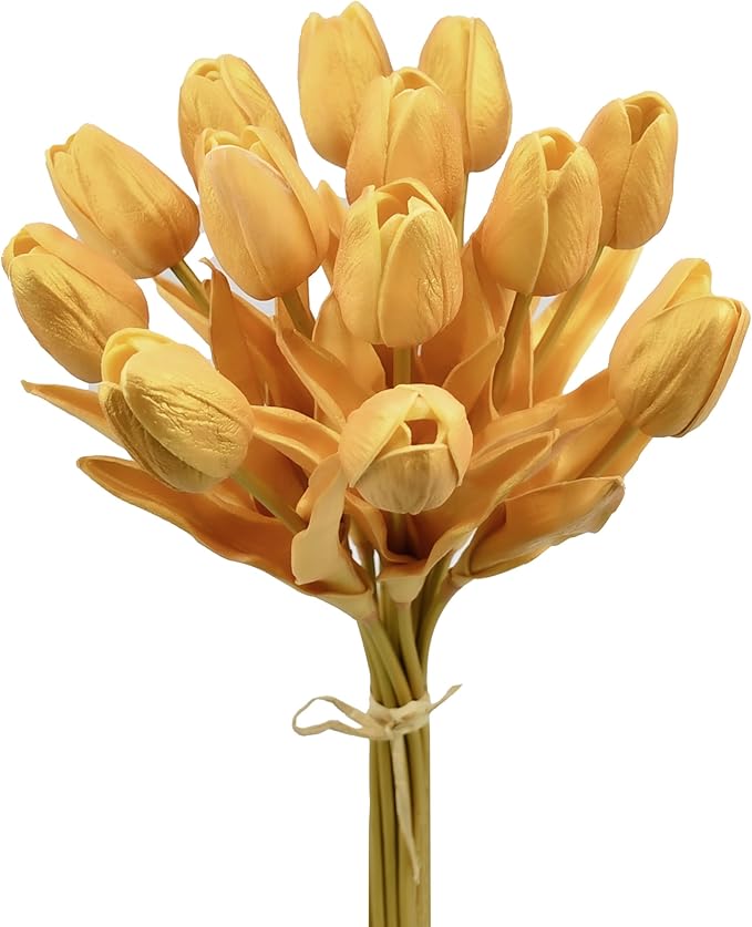 Mandy's Gold Artificial Tulips Flowers Centerpiece, 13.5" Lifelike PU Fake Floral Stems 12pcs for Kitchen Island & Dining Table, Spring Decor for Easter