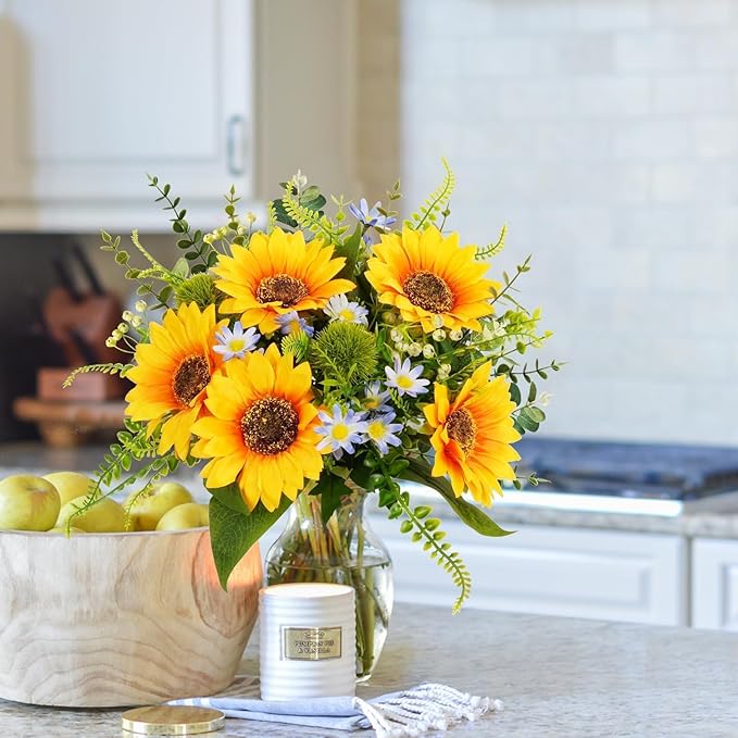 HUAESIN 15" Sunflowers Artificial Spring Flowers Bouquets Grave Flowers for Cemetery Faux Silk Flower Arrangements for Vase Home Kitchen Table Centerpieces Wedding Party Summer Decor