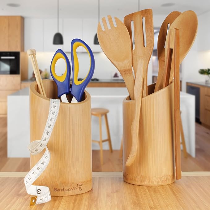 BambooMN Bamboo Kitchen Utensil Holder for Countertop with 8 Piece Utensil Set