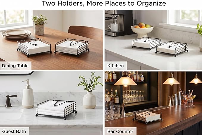 2Pack Napkin Holder for Table, Flat Napkin Dispenser with Weighted Arm, Square Cocktail Paper Holder of Elegant Rustic Iron for Kitchen Dining Room Decor Restaurant Farmhouse Hotel Party, Black
