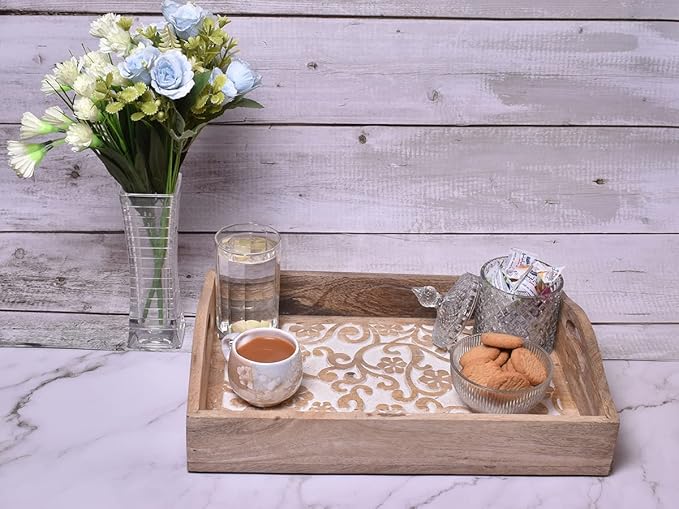 STORE INDYA Rustic Large Wooden Serving Tray Platter for Tea Snack Dessert with Handle Hand Carved Floral Design Kitchen Dining Serve-Ware Accessories 14 x 10 Inches (Beige)
