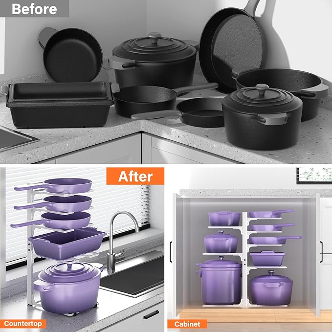 MUDEELA 8-Tier Pots and Pans Organizer under Cabinet, Heavy Duty Adjustable Pot Pan Organizers inside Cabinet, Kitchen Cabinet Organizers and Storage Pot Rack for Big Stockpots, Heavy Cookware, White