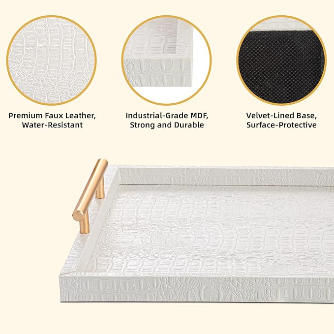 Modern Elegant Large Wood Serving Tray, Set of 2 Pearl White Crocodile Leather with Gold Polished Metal Handles, Home Decorative Rectangle Ottoman Platter Living Room Bathroom Vanity Tray