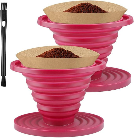 2Pcs Collapsible Pour Over Coffee Dripper, Reusable Silicone Coffee Filter Holder, Portable Manual Coffee Brewer Makes with A Cleaning Brush for Home Camping Hiking Travel Office
