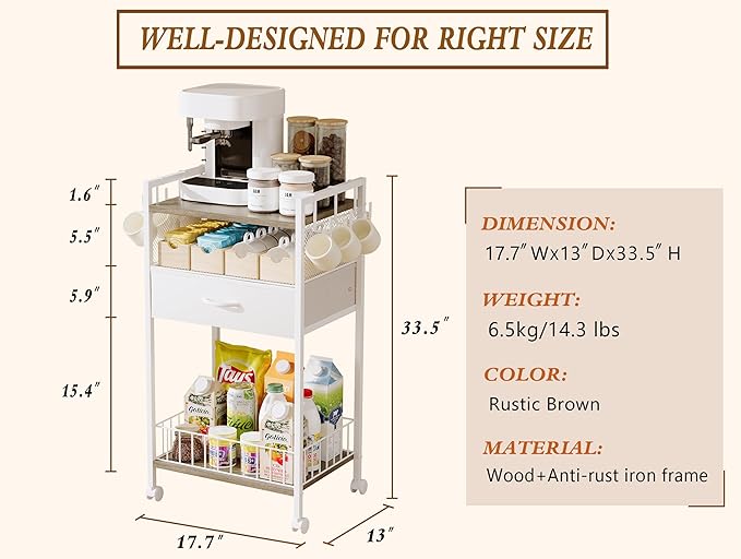Small White Coffee Bar Cart with Drawer Storage,Office Coffee Bar Station Mug Cup Holder Stand, 3-Tier Coffee Table for Home Buffets & Sideboards for Kichen, Entryway, Living Room