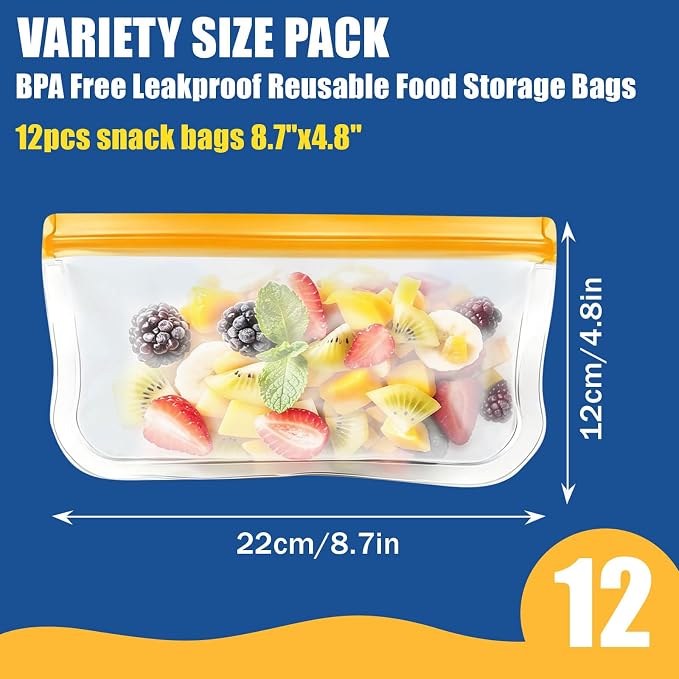 Reusable Silicone Freezer Bags, 12 Pack Leakproof Food Storage Bags Dishwasher Safe, Silicone Snack Bags Food Storage Containers for Meal Prep Containers, Salad Fruit, Vegetables, Home Organization