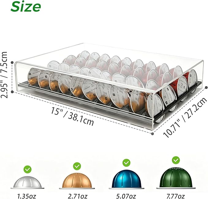Lovemolly Acrylic Capsule Drawer for Nespresso Vertuo, 40 Pod Coffee Organizer with Thickened Shelf Hold Up to 22 lbs, Countertop Storage Fits Under Coffee Maker, 15"L x 10.7"W x 2.9"H