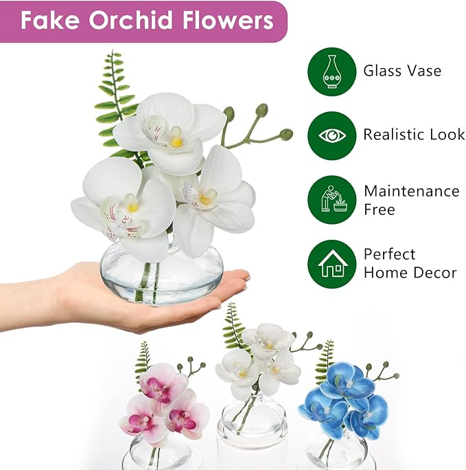 Oairse White Orchids Artificial Flowers Faux Orchids Arrangement in Clear Glass Vases Set of 3 Real Touch Phalaenopsis Orchid Flowers Small Fake Orchid Centerpiece for Dining Room Table