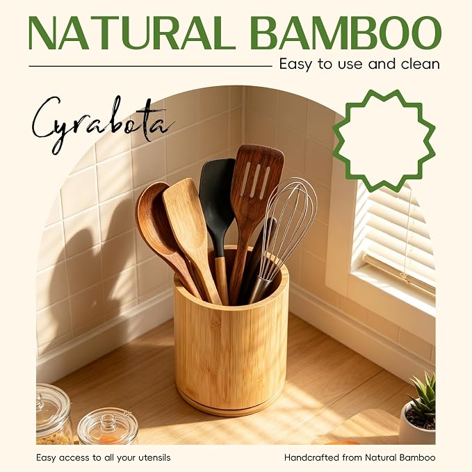 Bamboo Wood Utensil Holder 360°Rotating Anti-Tip Design for Kitchen Counter,Cooking Utensil Crock for Countertop , Large Utensil Organizer for Spatula (Bamboo)