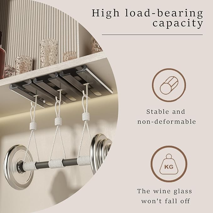 Wine Glass Holder - 2Pack Under Cabinet Rack, No Drilling Installation, Stemware Hanging Rack for Kitchen and Bar (Grey)