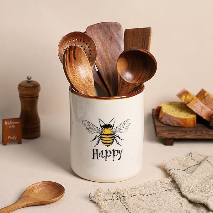 SOCOSY Bee Happy Ceramic Kitchen Utensil Holder For Countertop Large Cooking Utensil Crock Holder Spatula Holder-Yellow