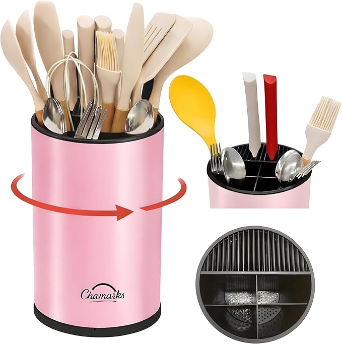 3-in-1 Kitchen Utensil Holder for countertop with Knife Block and Silverware Caddy. (Pink)