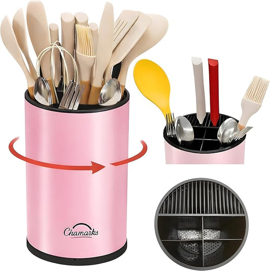 3-in-1 Kitchen Utensil Holder for countertop with Knife Block and Silverware Caddy. (Pink)