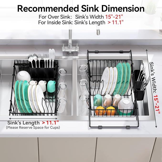 Urackify Dish Drying Rack in Sink, Expandable (15.35"-23.23" L) Over the Sink Dish Rack with Utensil Holder & Cup Holder for Compact Kitchen, Space - Saving Dish Drainer for Inside Sink, Black
