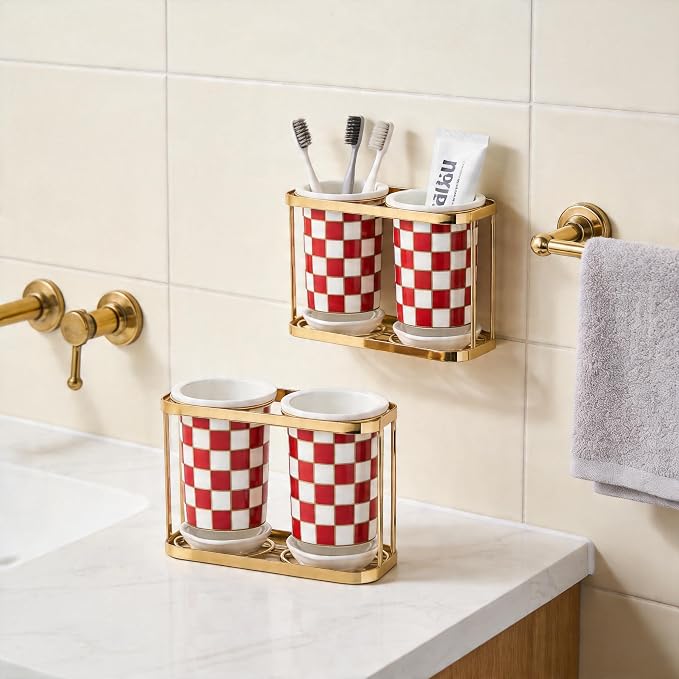 Ceramic Checkered Utensil Crocks with Gold Metal Rack, Black & White Grid Kitchen Utensil Storage, Farmhouse Kitchen Decor, Flatware Organizer & Home Accessory (Red)