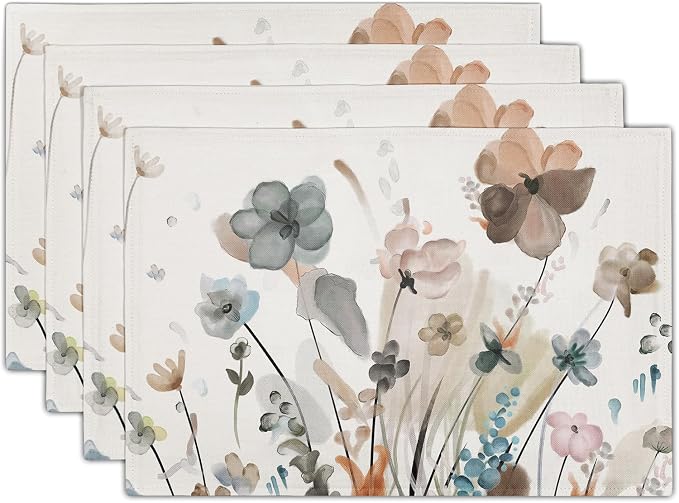Brown Cream Grey Teal Floral Placemats Set of 4 Watercolor Flowers Place Mats Washable Dining Rustic Abstract Floral Farmhouse Linen Table Mats Stain Heat-Resistant Cloth Table Mat Decor 12x18 in