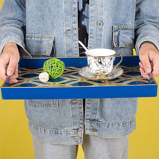 MAONAME Blue Decorative Tray with Handles, Plastic Serving Tray for Coffee Table, Marbling Rectangular Trays for Ottoman, Bathroom, Storage, 15.7" Lx 10.2" W X 1.57" H