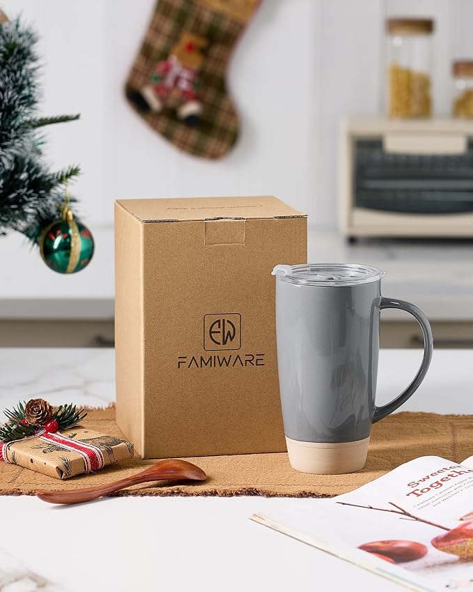famiware Milkyway Coffee Mug, 20oz Large Coffee Mug, Ceramic Mug with Lid, Tea Cup with Handle for Latte, Tea, Cocoa, Milk, Home & Office, Dark Gray