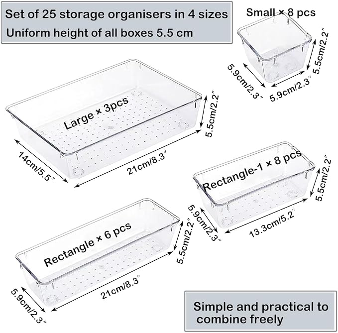 25 Pack Fridge Storage Containers, Plastic Office Organization Clear Food Storage Boxes Snack Organiser Refrigerator Storage Bins Set for Kitchen Bathroom Pantry Cabinet