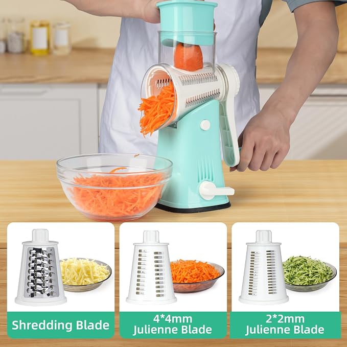 5 in 1 Rotary Cheese Grater, Manual Hand Crank Cheese Grater With Reinforced Suction & 5 Interchangeable Blades, Multifunctional Cheese Shredder, Easy to Use and Clean, Blue
