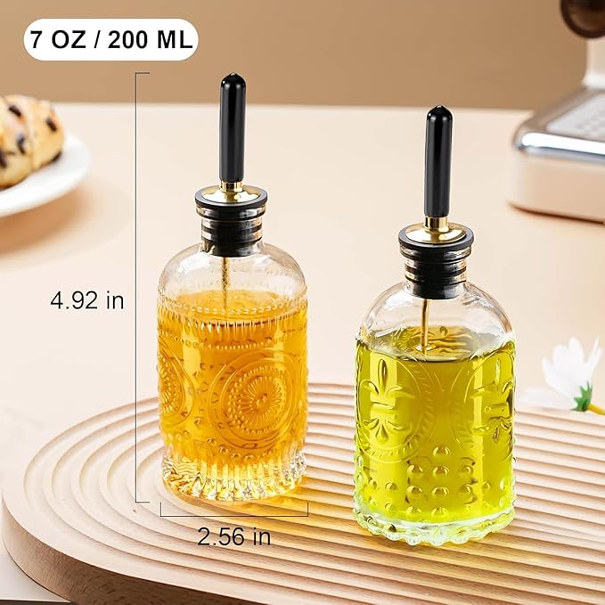 gegewawa Olive Oil Dispenser Bottle for Kitchen with Metal Spout, Glass Oil Bottles 7OZ, Elegant Glass Cooking Oil Dispenser for Kitchen-2pcs