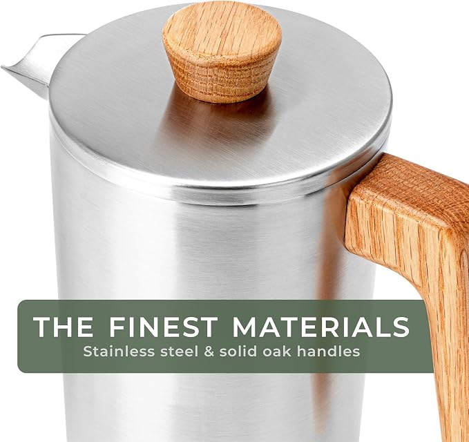 WALDWERK French Press (34 oz) - Non-Toxic Stainless Steel Double Wall French Press Coffee Maker - Plastic Free Coffee Press with Oak Wood Handle - No Plastic