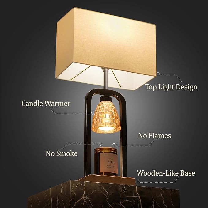 PoKat 21.5'' Lamp Candle Warmers Set of 2 Black, Farmhouse Candle Warming Lamps with Timer Dimmer & Wood-Like Base, Warmer Lamp Jar Candles, Table Lamps for Bedroom End Table Decor, Bulb Included