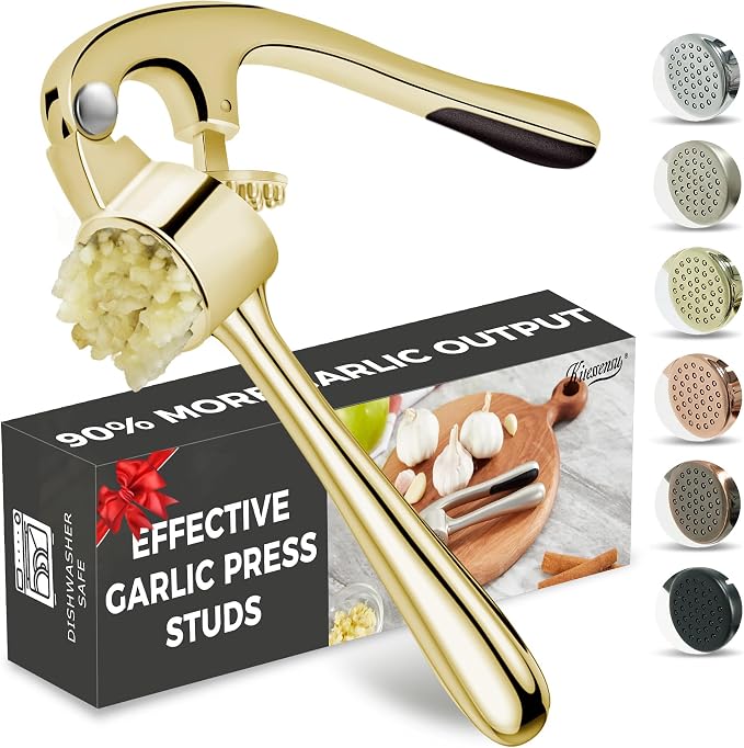 Kitessensu High Effective Garlic Press With Studs, Heavy Duty Garlic Mincer, Easy to Squeeze and Clean, Rust Proof, Ginger Crusher - Golden