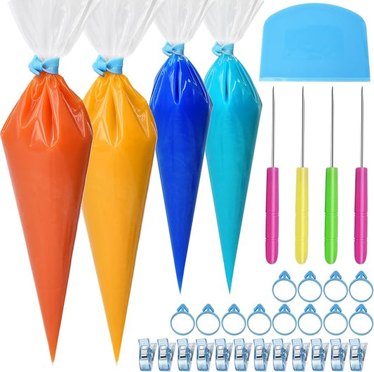 Artcome 129pcs Thickened Tipless Piping Bags Set - 100pcs Heavy-Duty Disposable Pastry Bags - 12 Silicone Ties, 12 Clips, 4 Scriber Needles & 1 Scraper - Ideal for Cookie & Cake Holiday DIY Decorating