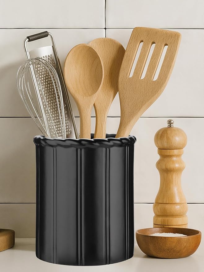 Ceramic Utensil Holder for Kitchen Counter, 6.3” Modern Kitchen Utensil Holder with Cork Bottom for Countertop, Cooking Tool Organizer for Spatula, Matte Black
