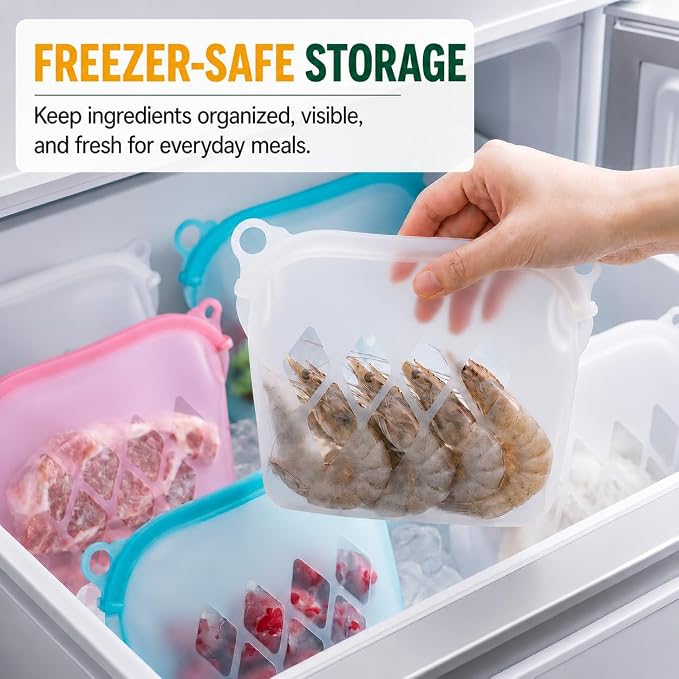 Yosmer Reusable Silicone Food Storage Bag, 50oz/1500ml Food-Grade Silicone Stand-Up Bag with Magnetic Self-Sealing Opening, Clear Windows, Freezer & Dishwasher Safe, Aqua, 1 Pack