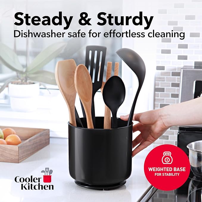Cooler Kitchen Jumbo Extra Large Sturdy Rotating Black Utensil Holder Caddy with No-Tip Weighted Base, and Gripped Insert - Rust Proof and Dishwasher Safe Kitchen Utensils Holder