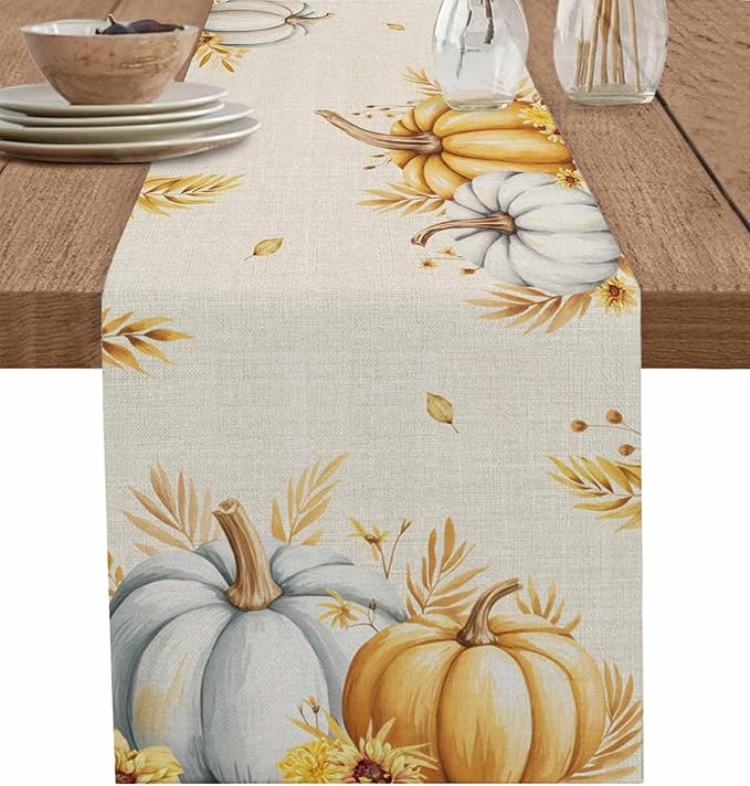 Fall Pumpkins Table Runner - 72 Inch Long, Grey Golden-yellow Pumpkin Thanksgiving Dining Table Runner Dresser Scarves, Maple Leaf Farm Harvest Decor for Coffee Table Wedding Party Banquet, 18x72 in