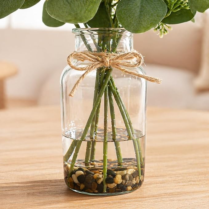 MACTING Artificial Eucalyptus Stems in Glass Vase with Faux Water Stones 14" Artificial Plants Indoor Eucalyptus Leaves for Table Centerpieces Bathroom Kitchen Living Room Shelf Home Decorations